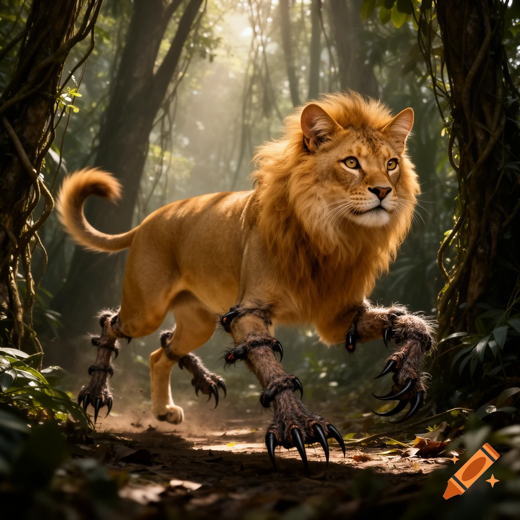 A majestic chimera with a lion's body, head, and mane, a curly tail, and dark, spiky spider-like legs runs through a sunlit jungle path.