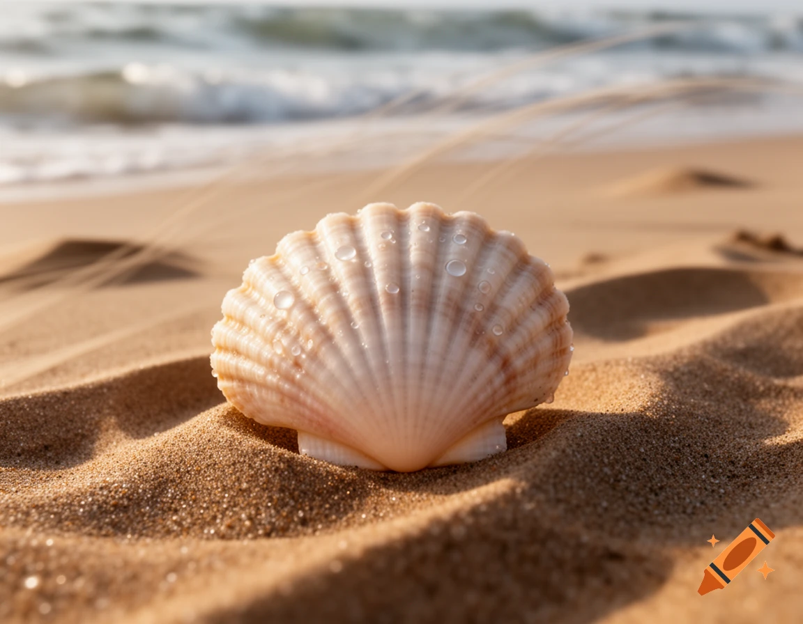 A close-up shot of a white scallop seashell with water droplets on a sandy beach, with ocean waves in the background.