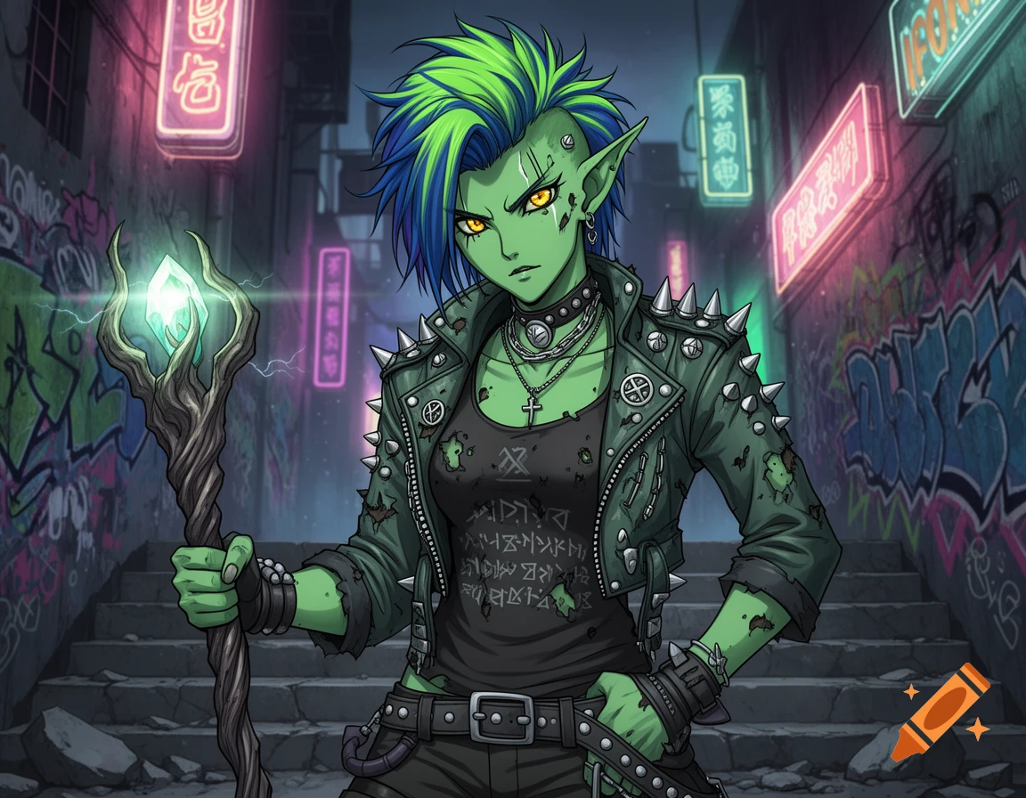 Green-skinned punk cleric with a mohawk, spiked jacket, and glowing staff in a neon-lit, graffiti-covered alley.