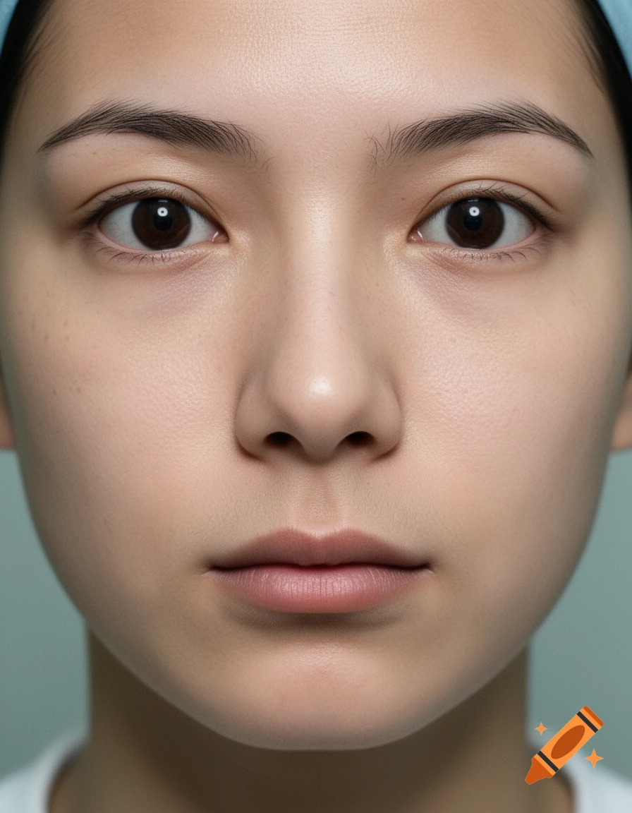 Close-up photorealistic clinical portrait of a young person with wide-set eyes and a flat facial structure.