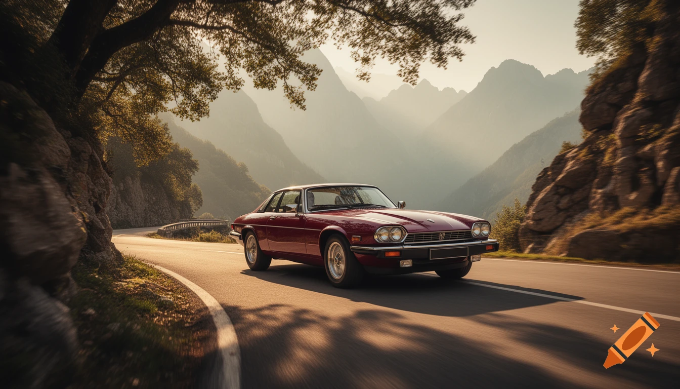 A burgundy red Jaguar XJS classic car drives on a winding mountain road with hazy peaks in the background, bathed in golden light.