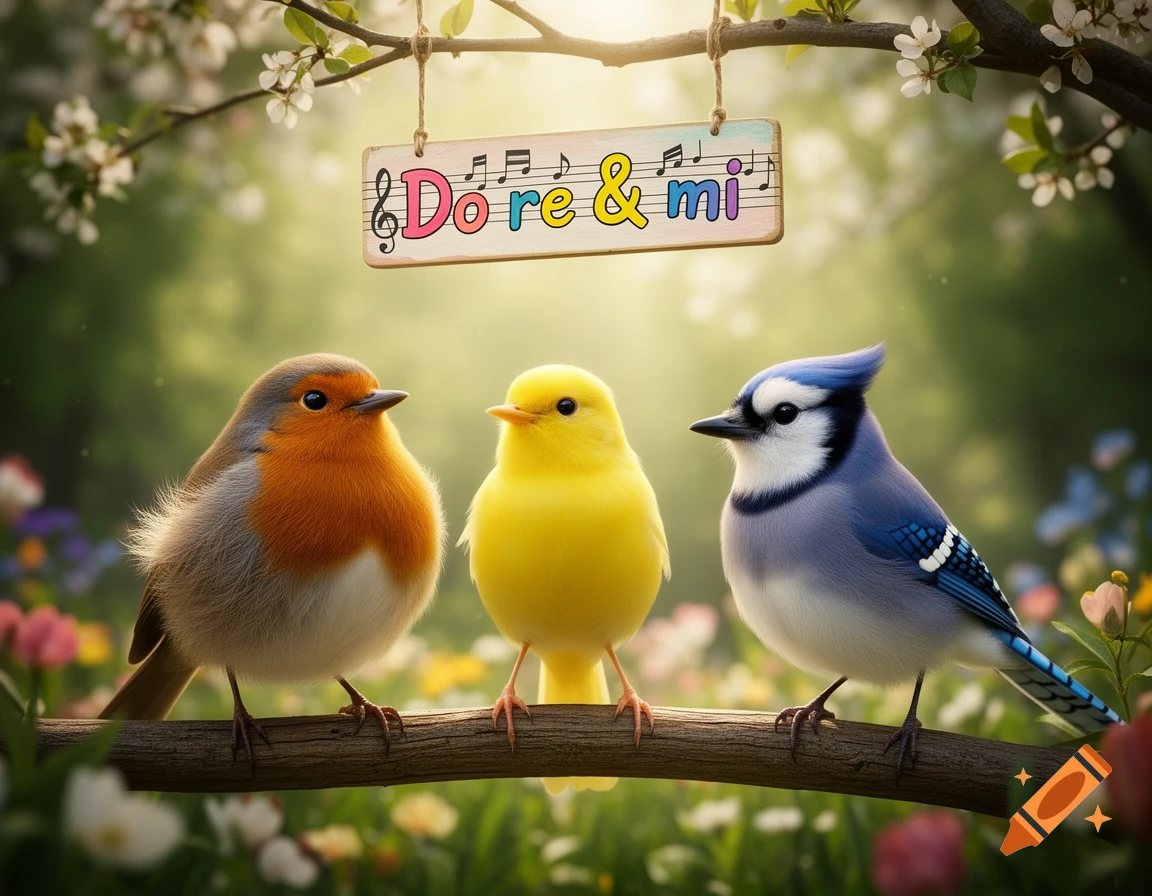 A robin, yellow bird, and blue jay perch on a branch, under a 'Do re & mi' sign in a vibrant garden.