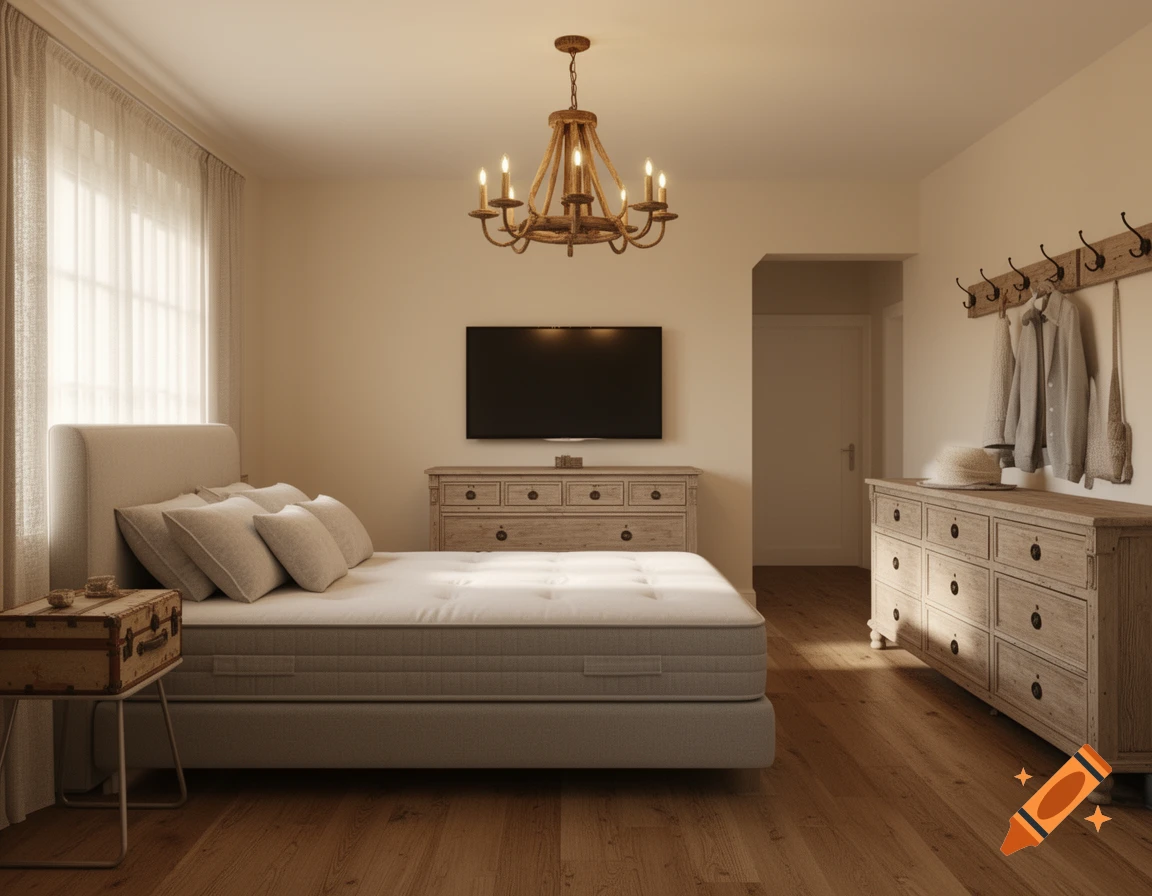 A rustic country house bedroom with a light grey bed, wood dressers, a wall-mounted TV, and a wooden chandelier.
