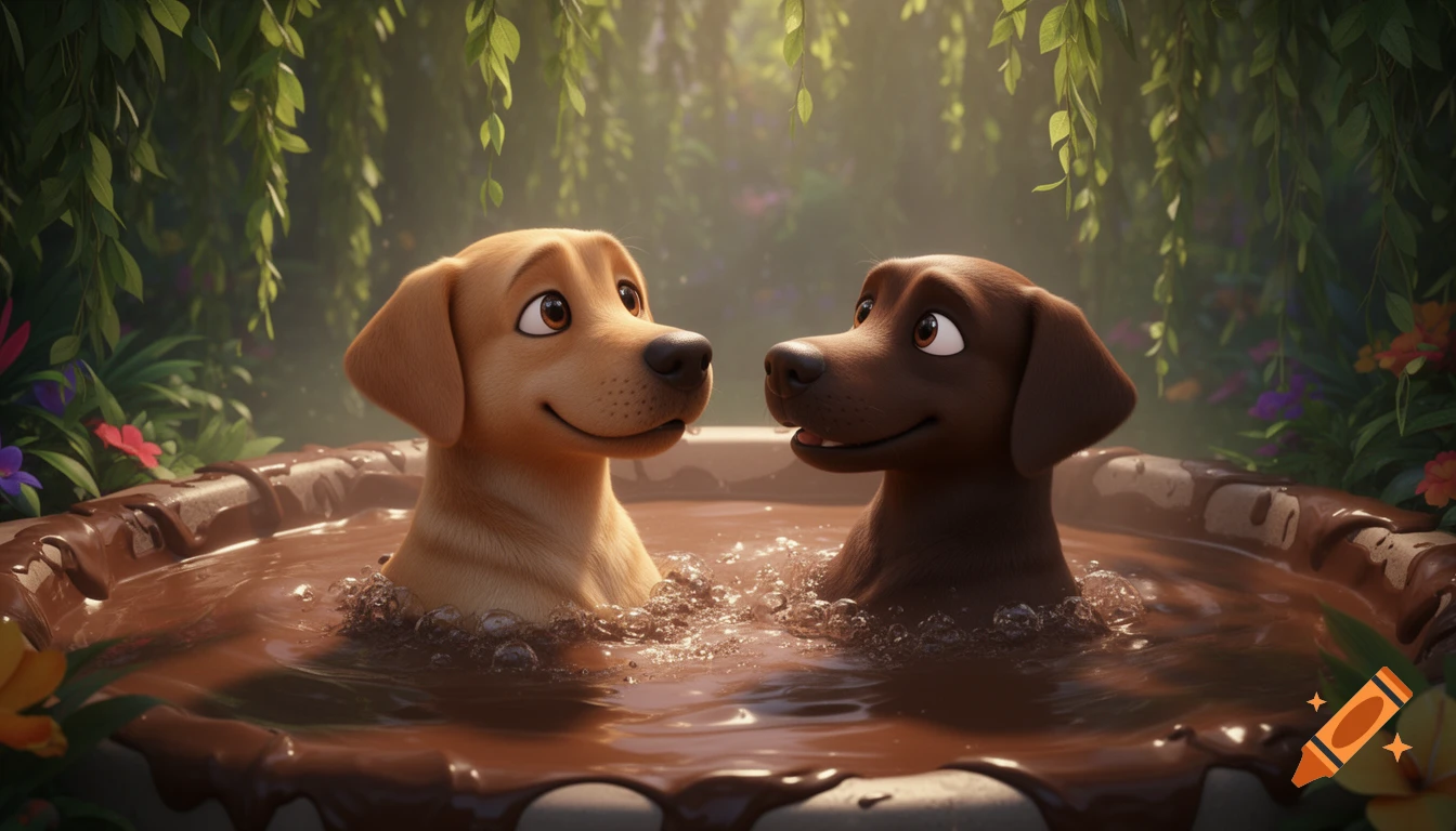 Two animated Labrador dogs, one golden and one brown, happily sit chest-deep in a bubbly mud bath surrounded by lush jungle foliage.