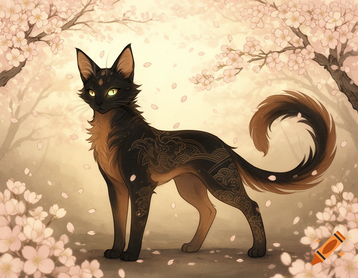 A stylized black and brown cat with glowing green eyes and ornate patterns on its fur stands amidst falling pink cherry blossoms.