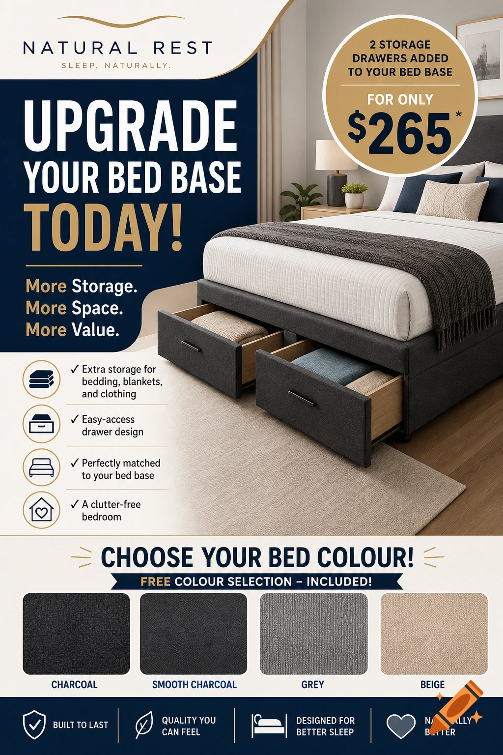 A Natural Rest advertisement for a bed base with two storage drawers, priced at $265, highlighting features and four color options.