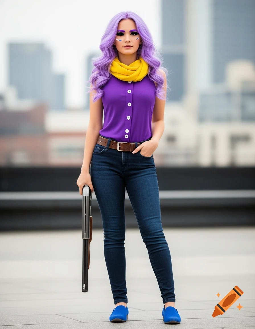 A woman with long lilac hair, a yellow scarf, a purple sleeveless shirt, and blue jeans holds a shotgun in an urban setting.