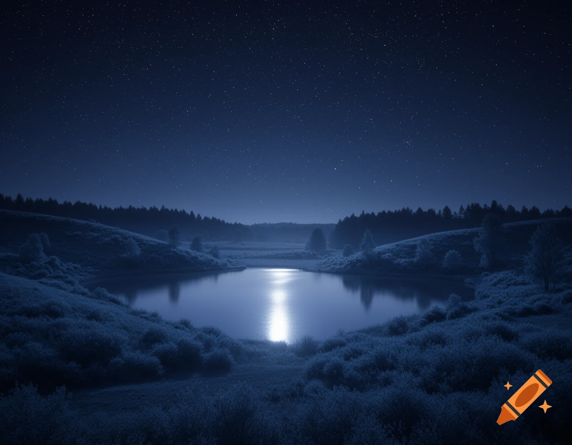 Moonlit lake reflecting stars under a clear night sky, surrounded by dark hills and trees.