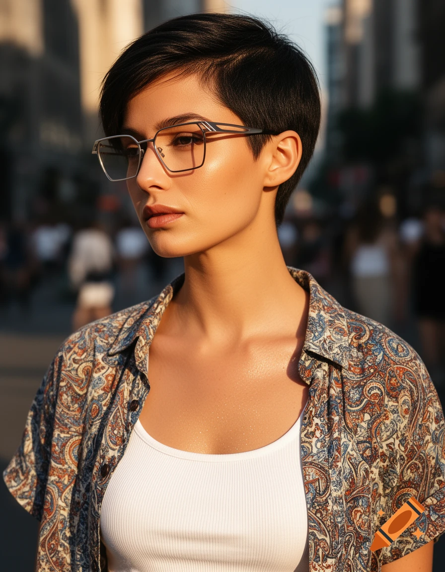 Photorealistic portrait of a woman with short dark hair and modern glasses in a patterned shirt over a white tank top, on a sunny street.