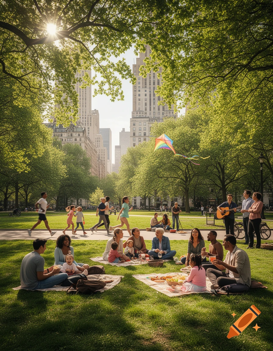 Photorealistic scene of diverse people enjoying a sunny picnic in a vibrant city park with tall buildings and a flying kite.