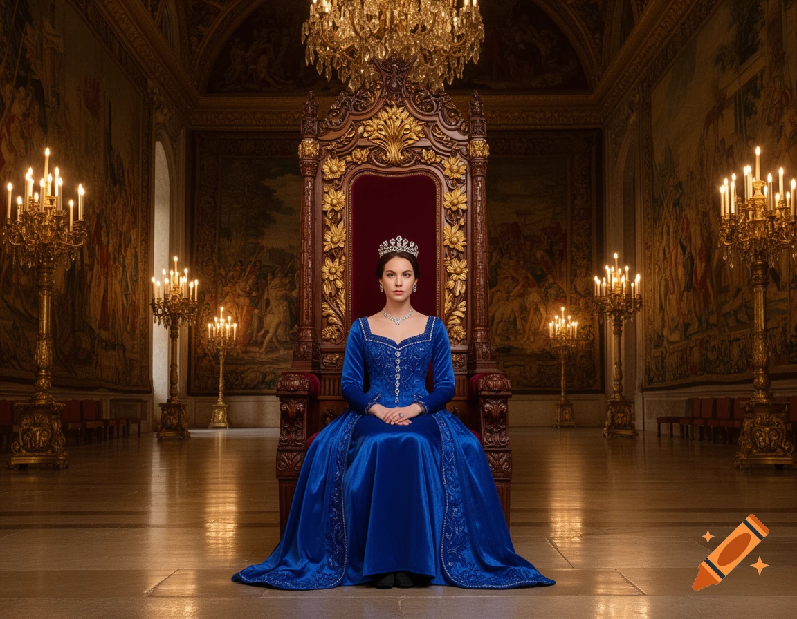 A regal queen in a royal blue velvet gown and diamond crown sits on an ornate golden throne in a grand, candlelit palace hall.