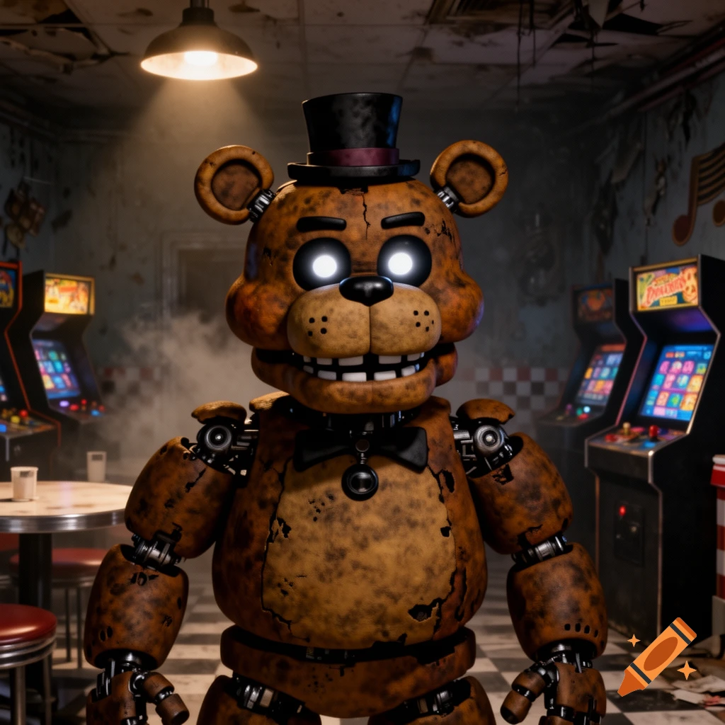A photorealistic rendering of a distressed Freddy Fazbear animatronic with glowing white eyes, wearing a top hat and bowtie, standing in a dimly lit arcade.