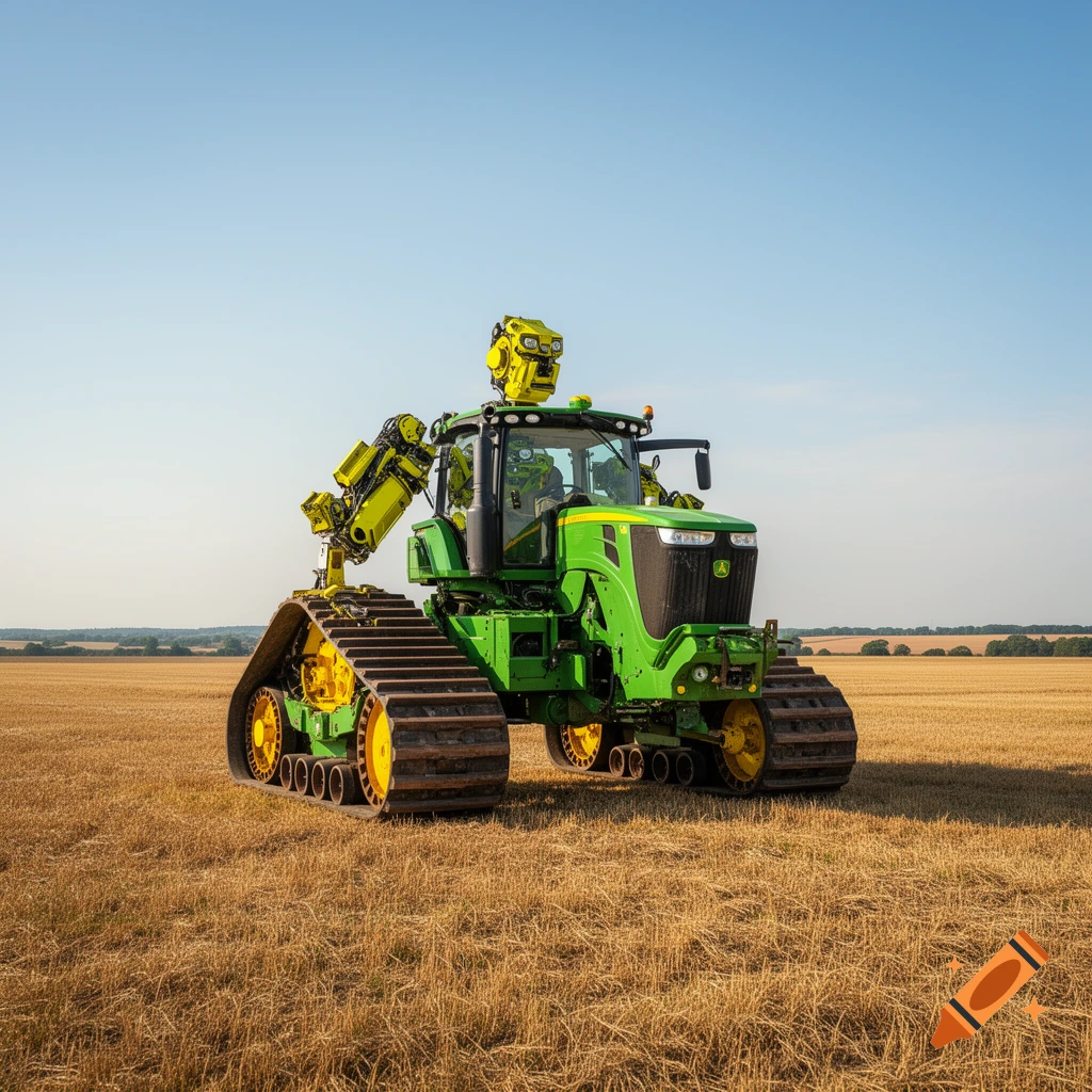 Photorealistic green and yellow tractor with tank tracks transforms into a robot in a field.