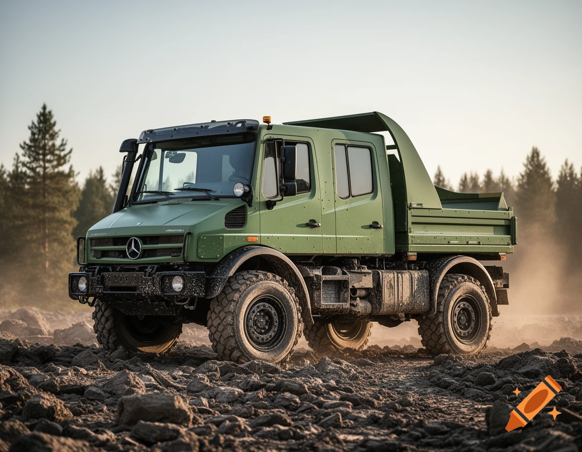 A photorealistic image of a green Mercedes-Benz Unimog utility truck driving on a rocky, dusty dirt road with trees in the background.