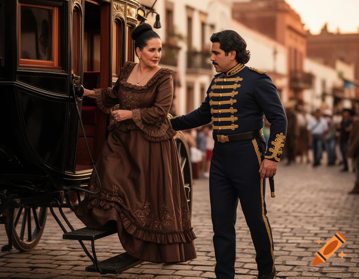 A man in a 19th-century military uniform helps a woman in a brown gown step out of a black stagecoach on a cobblestone street.