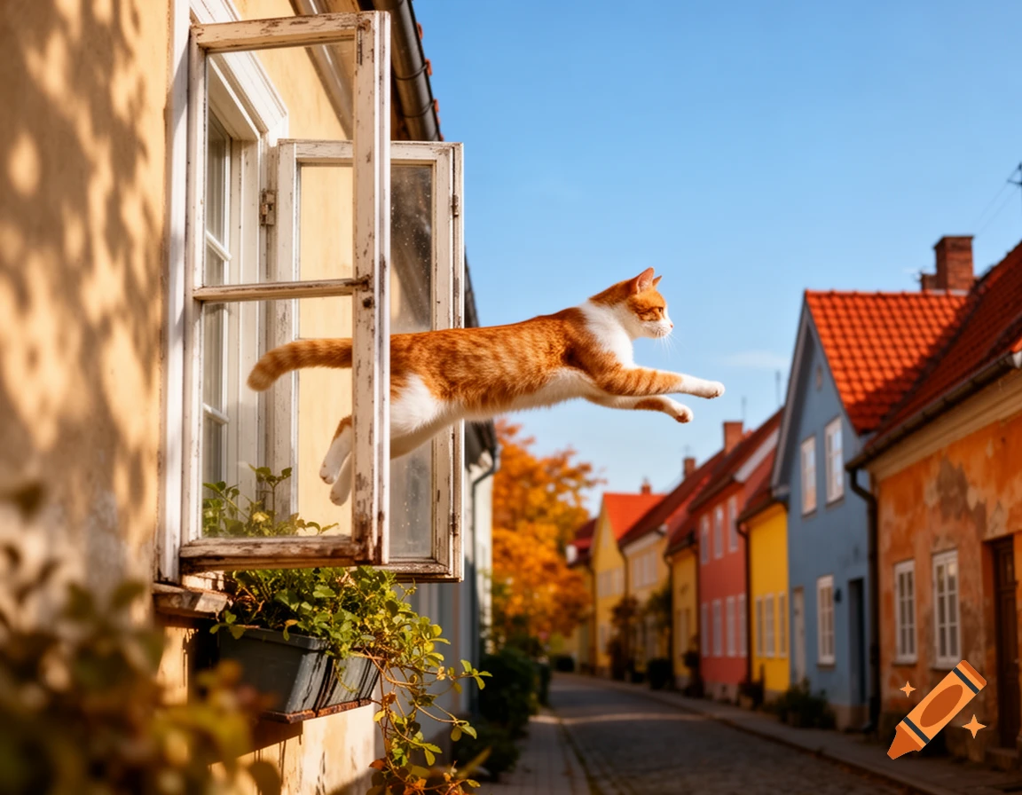 An orange and white cat leaps out of an open window overlooking a colorful street with houses under a blue sky.