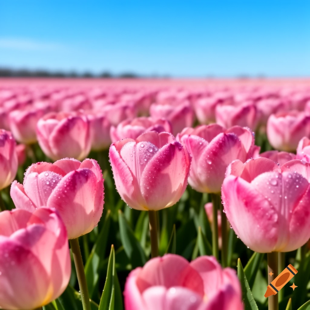 A field of vibrant pink tulips covered in dew drops under a bright blue sky.
