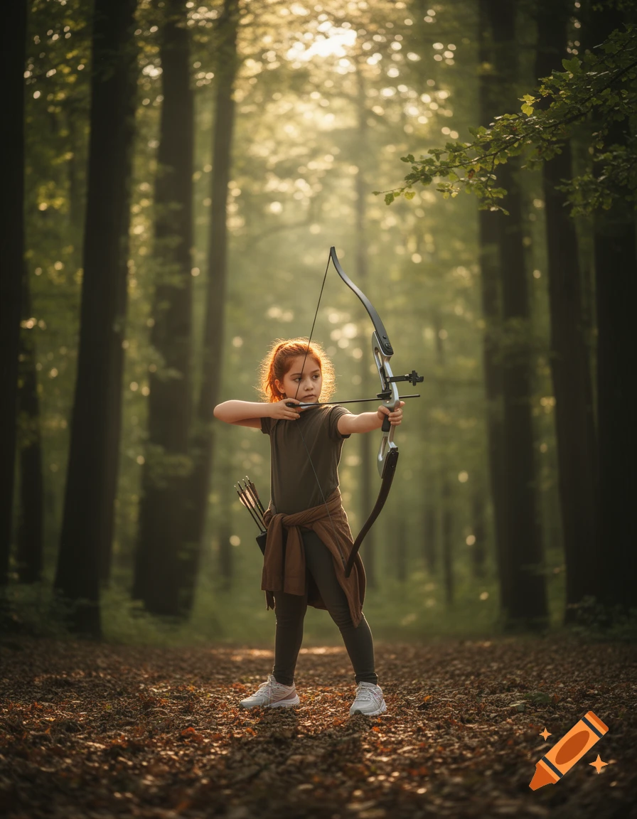 A young girl with red hair aims a compound bow in a sunlit forest, surrounded by tall trees and fallen leaves.