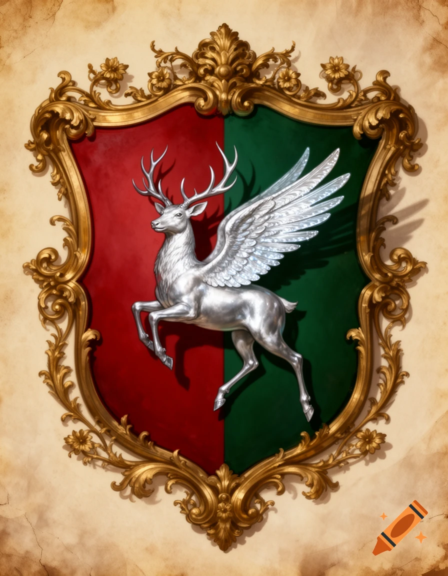 An ornate gold-framed heraldic shield, divided red and green, featuring a silver winged stag on a parchment background.