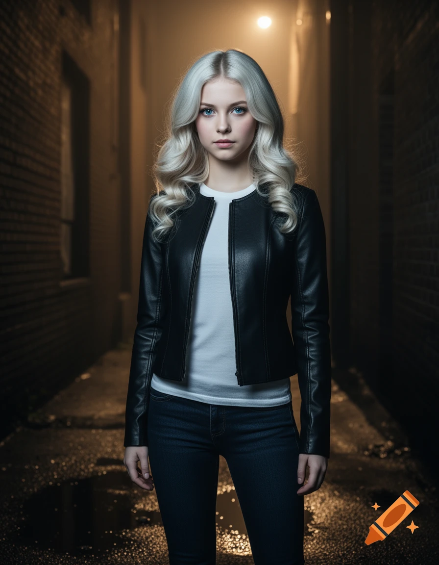 A serious young woman with long wavy white hair and blue eyes wears a black leather jacket and jeans in a dark alley.