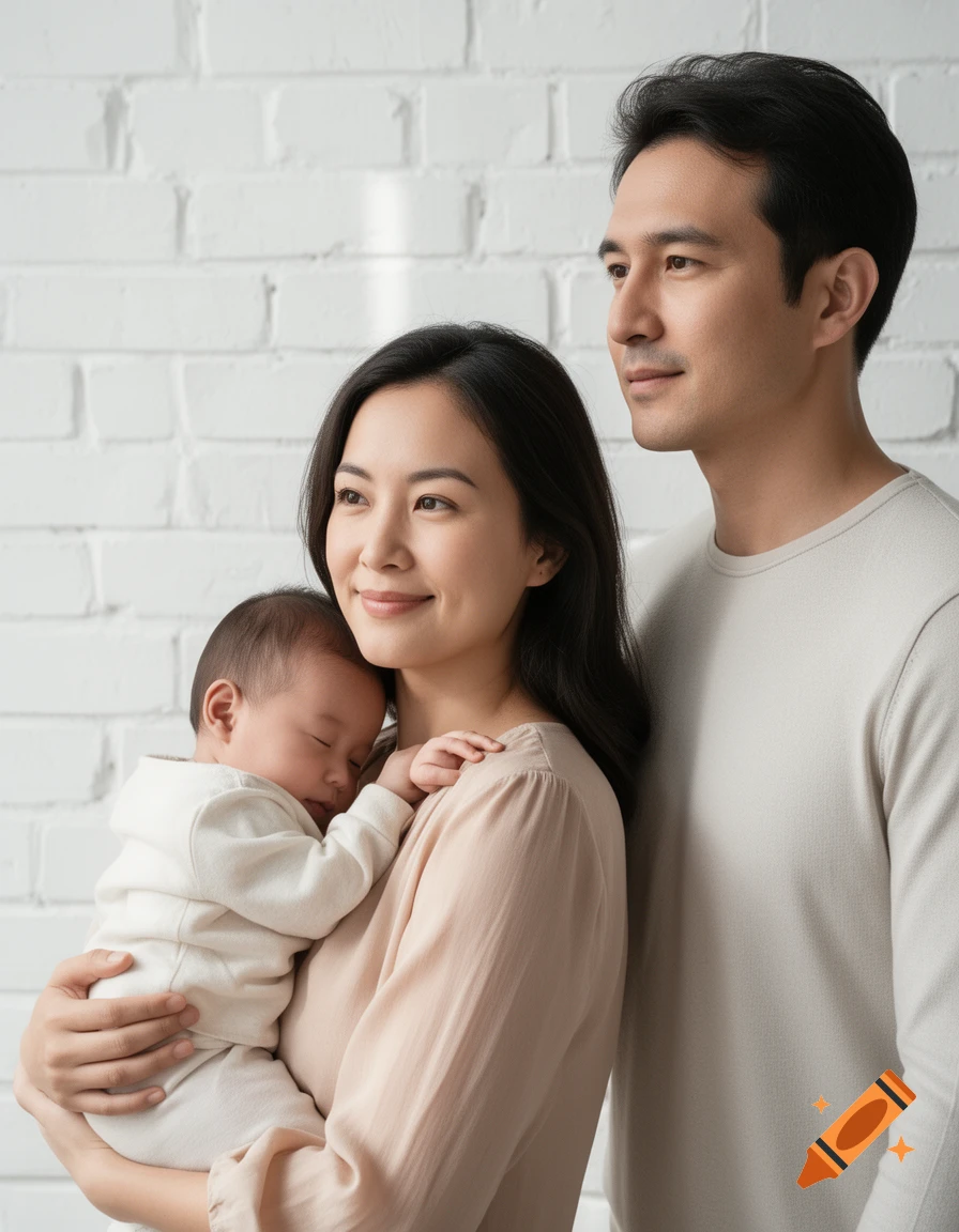 A photorealistic portrait of a mother holding her sleeping baby, next to the father, against a white brick wall.