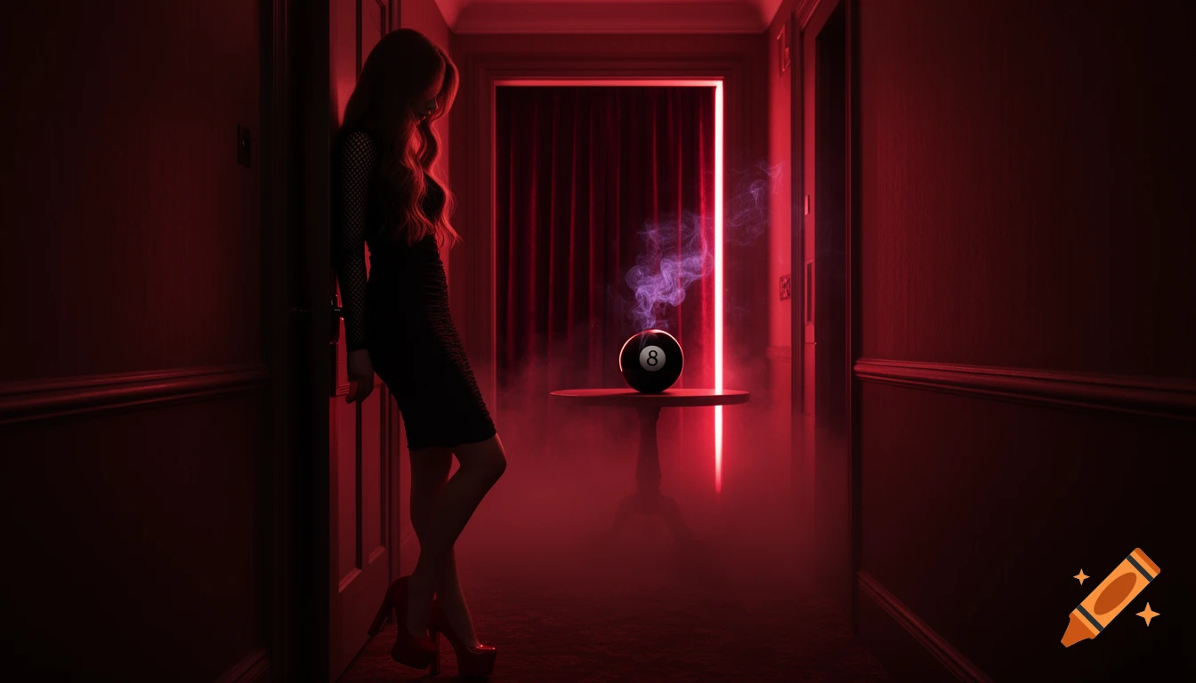 A woman in a black dress and red heels leans in a dark, red-lit hotel corridor, with an 8-ball and purple smoke on a table down the hall.