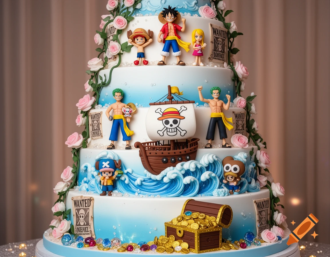 A multi-tiered wedding cake decorated with One Piece anime characters, a pirate ship, treasure chest, and pink roses.