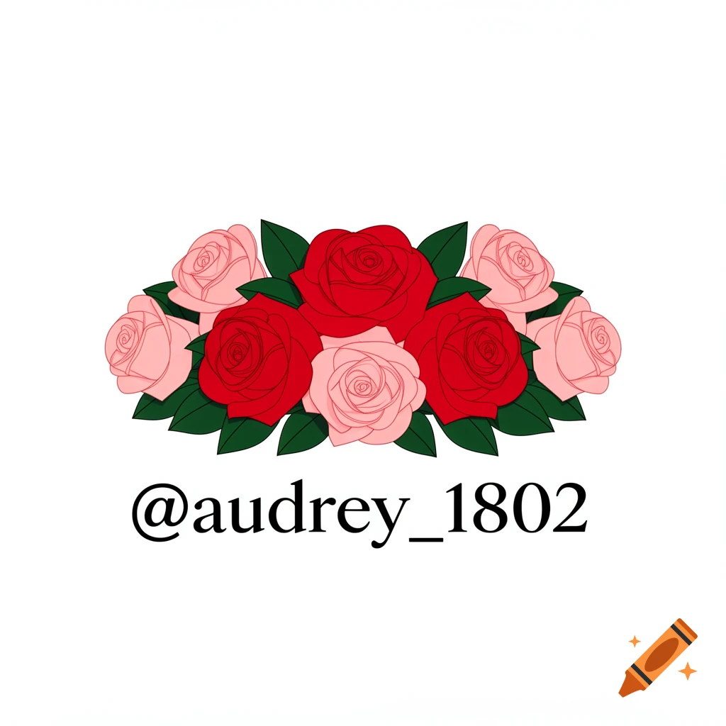 Illustration of a bouquet of red and pink roses with green leaves, and the username @audrey_1802 below.