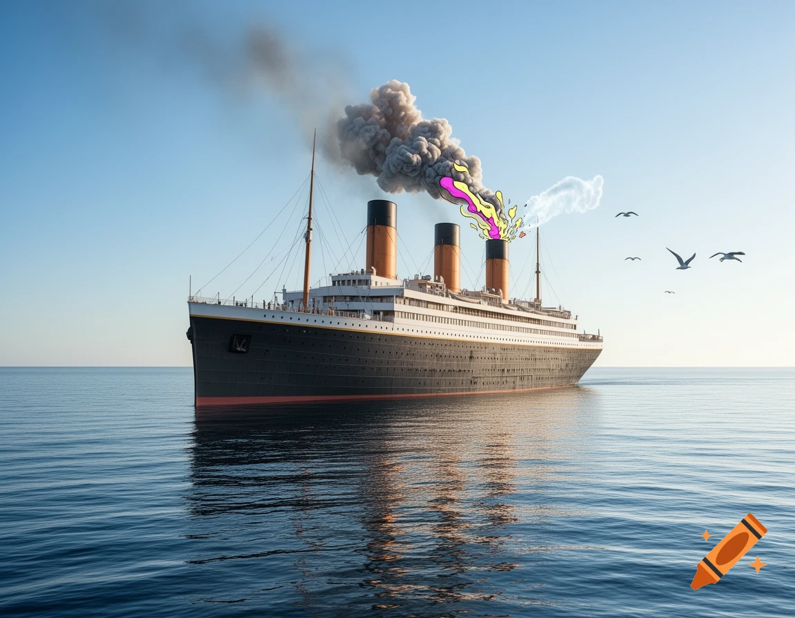 Photorealistic image of the Titanic on a calm ocean, comically emitting a colorful, cartoonish 'fart' from its smokestack.