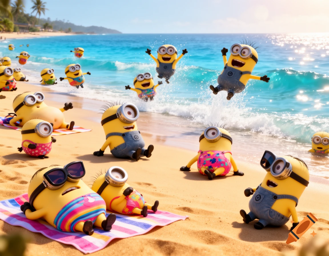 Many Minions in swimsuits enjoying a sunny beach, some relaxing on towels, others playing and jumping in the blue ocean waves, 3D animation.