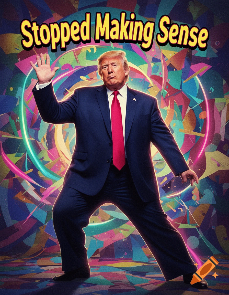 Donald Trump in a blue suit with a red tie, striking a pose against a vibrant, abstract background with neon rings, and the text "Stopped Making Sense" above him.