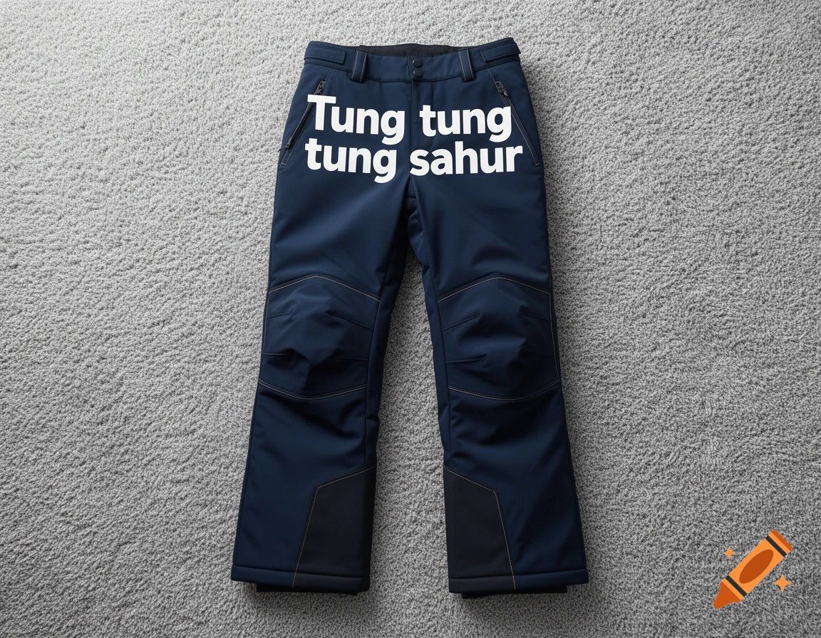 Navy blue ski pants with 'Tung tung tung sahur' text, laid flat on a grey carpet, photorealistic style.