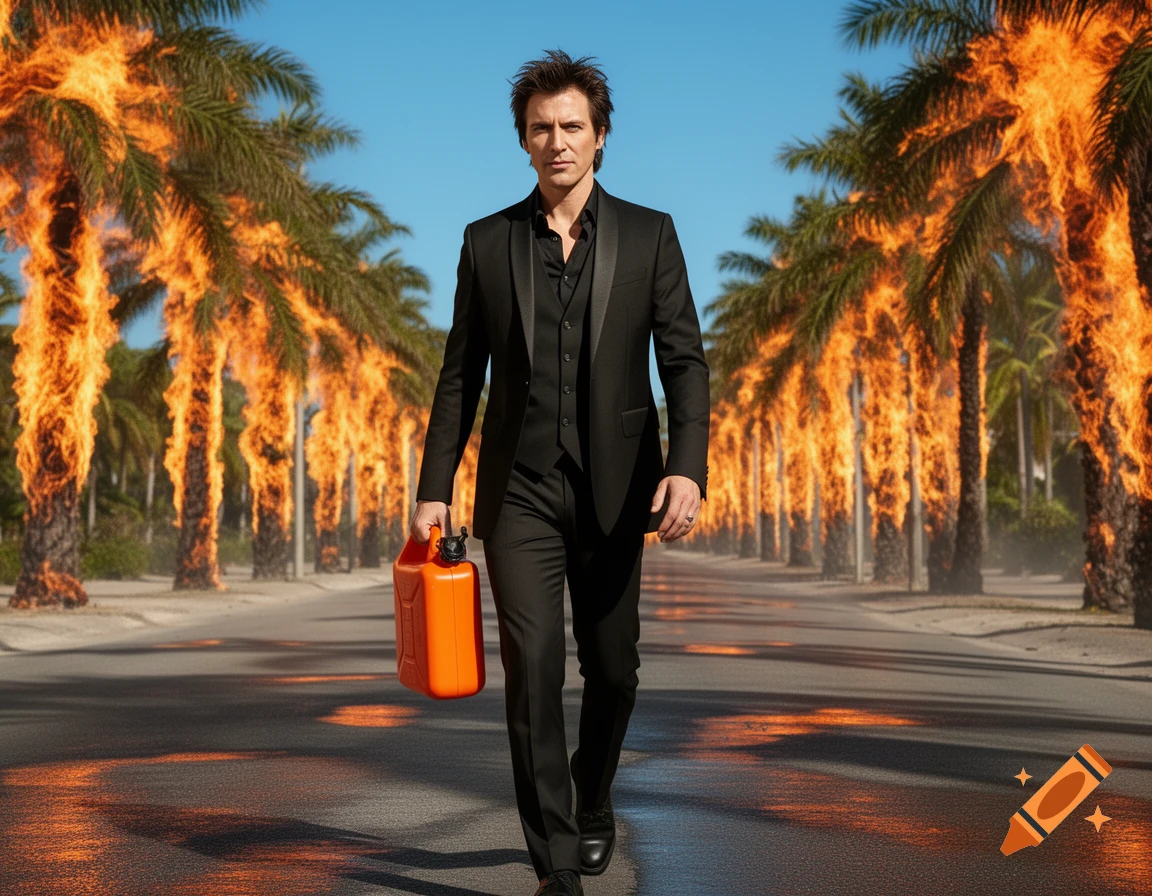 A man in a black suit with an orange gas can walks on a road, flanked by burning palm trees. Photorealistic.