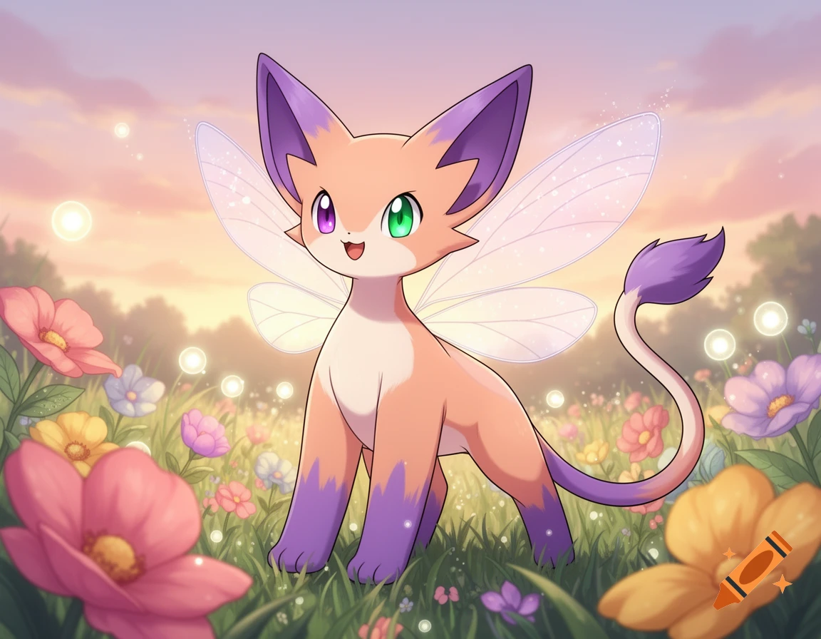 A cute, orange and purple fairy-like creature with wings and heterochromatic eyes stands in a flower field at sunset.