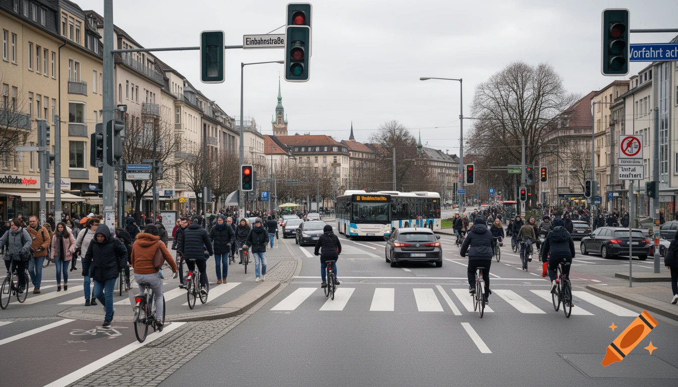 A bustling German street intersection with cars, a bus, cyclists, and pedestrians. Buildings line the street under an overcast sky.