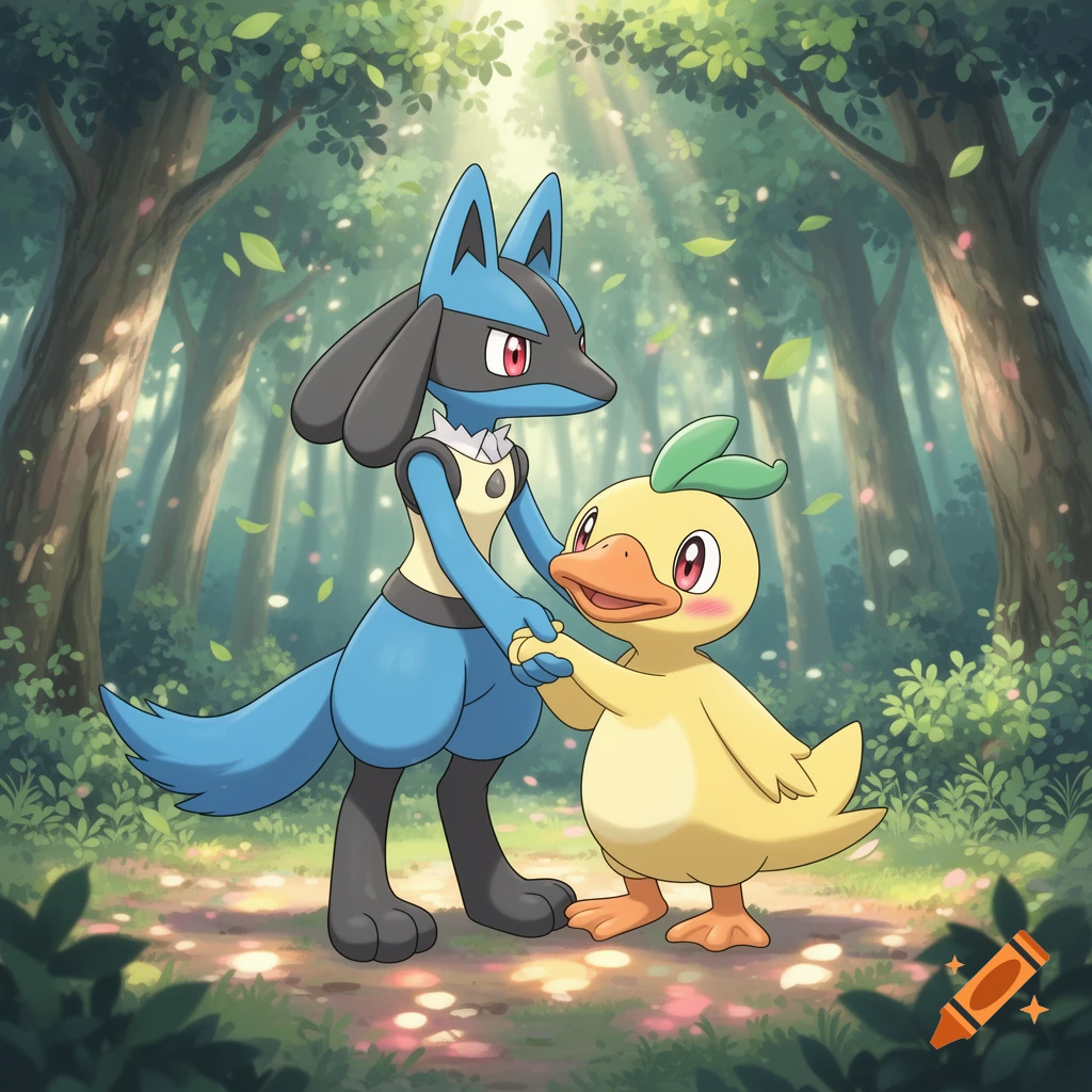 Lucario and Psyduck hold hands in a cozy, sunlit forest, appearing as a loving couple in anime style.