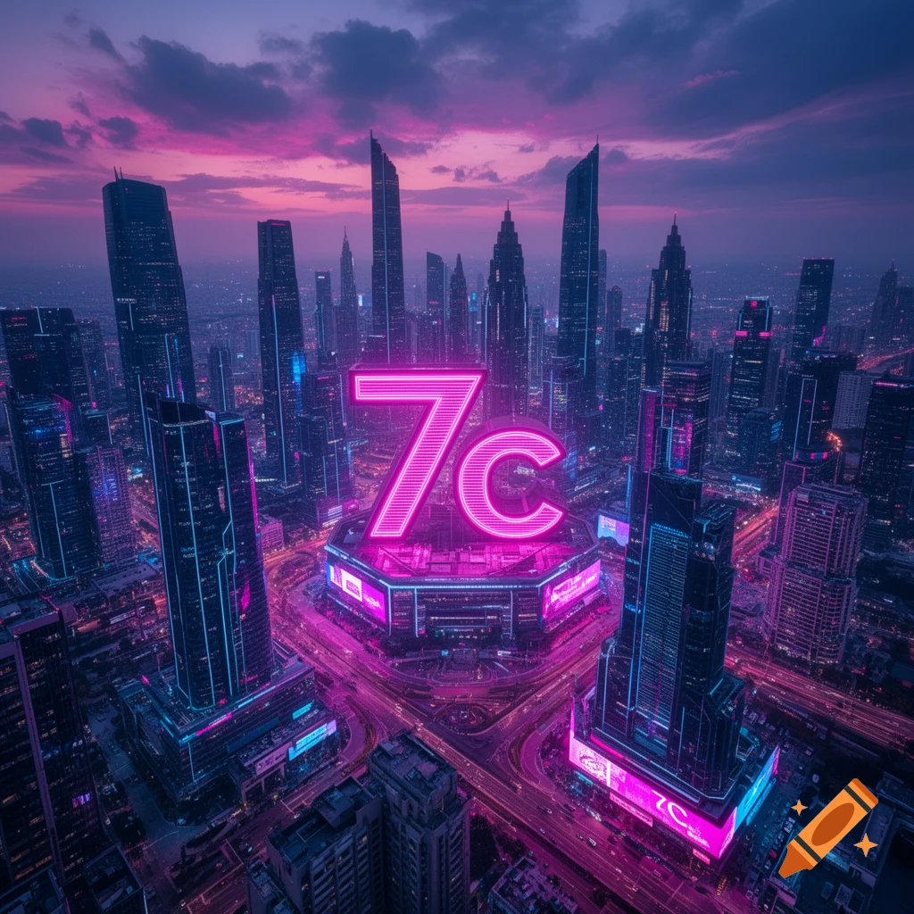 Aerial view of a futuristic city at dusk, dominated by tall skyscrapers and neon purple and blue lights, with a large glowing '7c' sign.