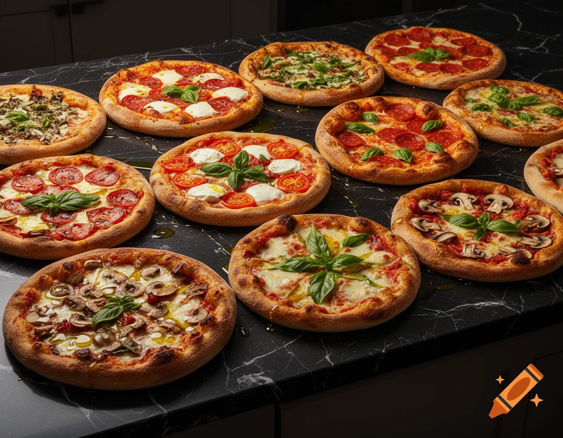 An overhead view of numerous gourmet pizzas with various toppings, including pepperoni, Margherita, and mushroom, arranged on a dark marble surface.