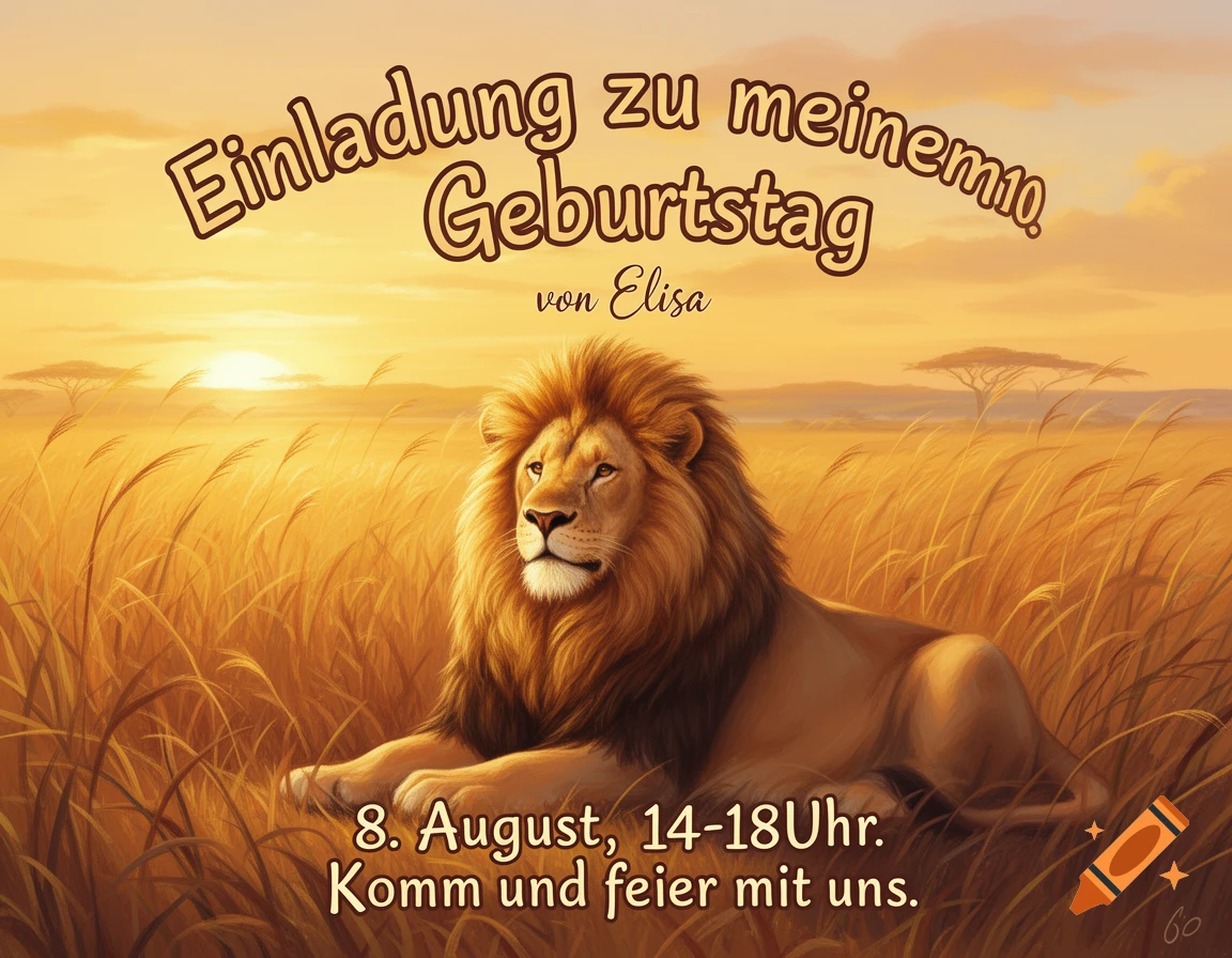 A lion lies in tall golden grass in a savanna at sunset, with German birthday invitation text printed over the scene.