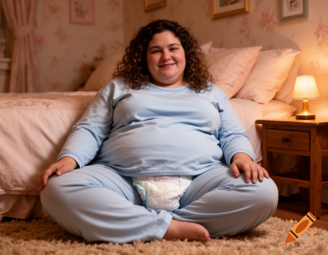 A chubby woman in light blue pajamas sits cross-legged on a rug in a bedroom, with a diaper visible between her legs.
