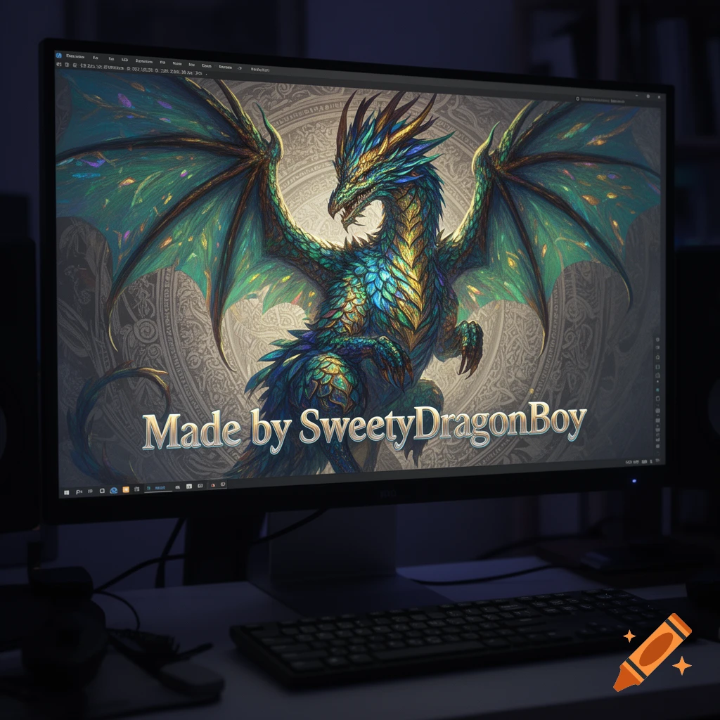 A vibrant green and gold dragon with wide wings is displayed on a computer monitor, with the text 'Made by SweetyDragonBoy' below it. A keyboard rests in front.