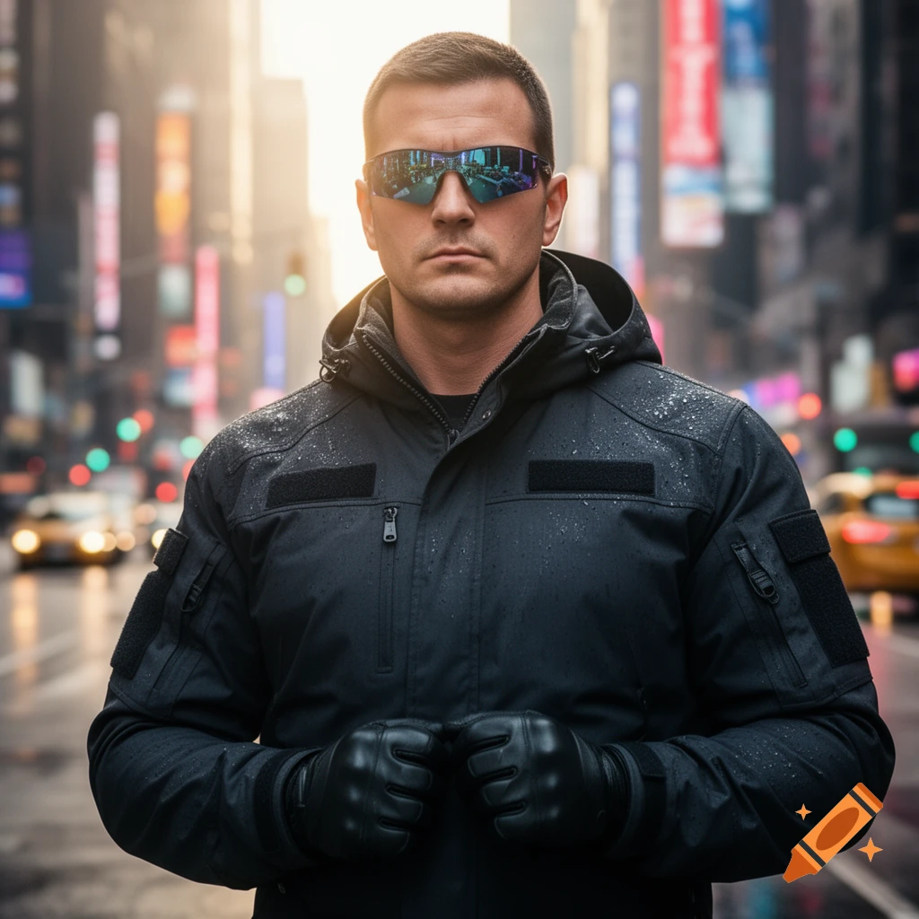 Stoic man in a dark tactical jacket, black gloves, and mirrored sunglasses stands on a blurred city street.