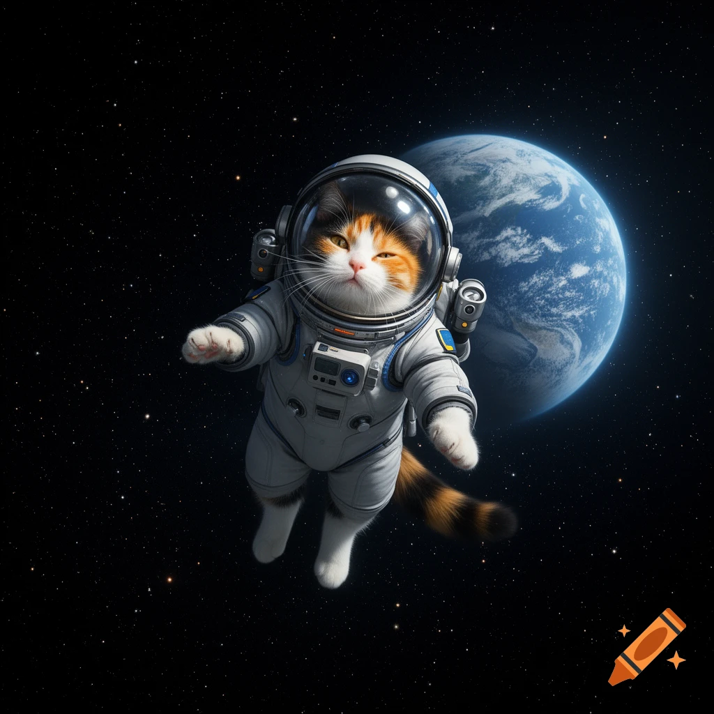 A fluffy calico cat in an astronaut suit floats in outer space with Earth in the background, photorealistic style.