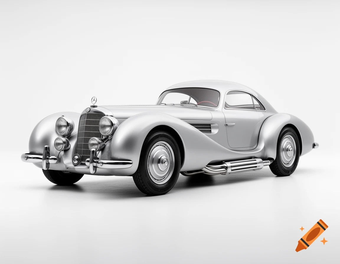 A silver retro-futuristic sports coupe, blending 1930s Mercedes front with 1950s sleek hardtop, in a clean studio.