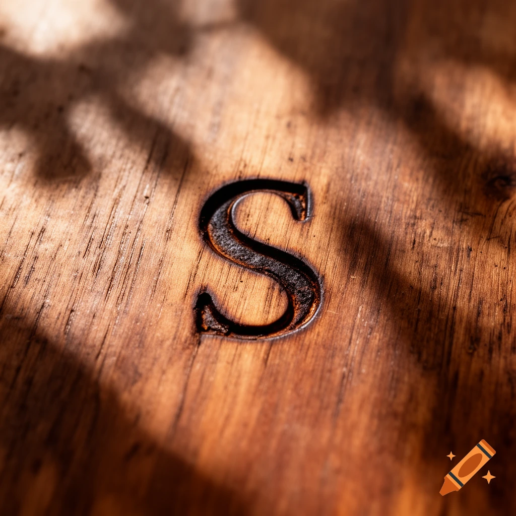 A close-up, top-down view of the letter 'S' carved into dark, rustic wood, with shadows and warm highlights.