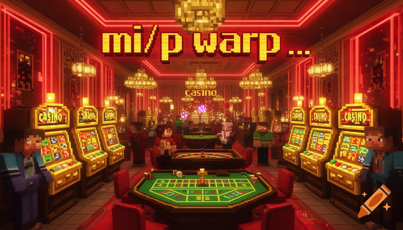 A pixelated Minecraft-style casino interior with numerous slot machines, roulette tables, card tables, and blocky characters. Red neon lights and golden chandeliers illuminate the opulent room, with the text "mi/p warp ..." and "CASINO" visible.