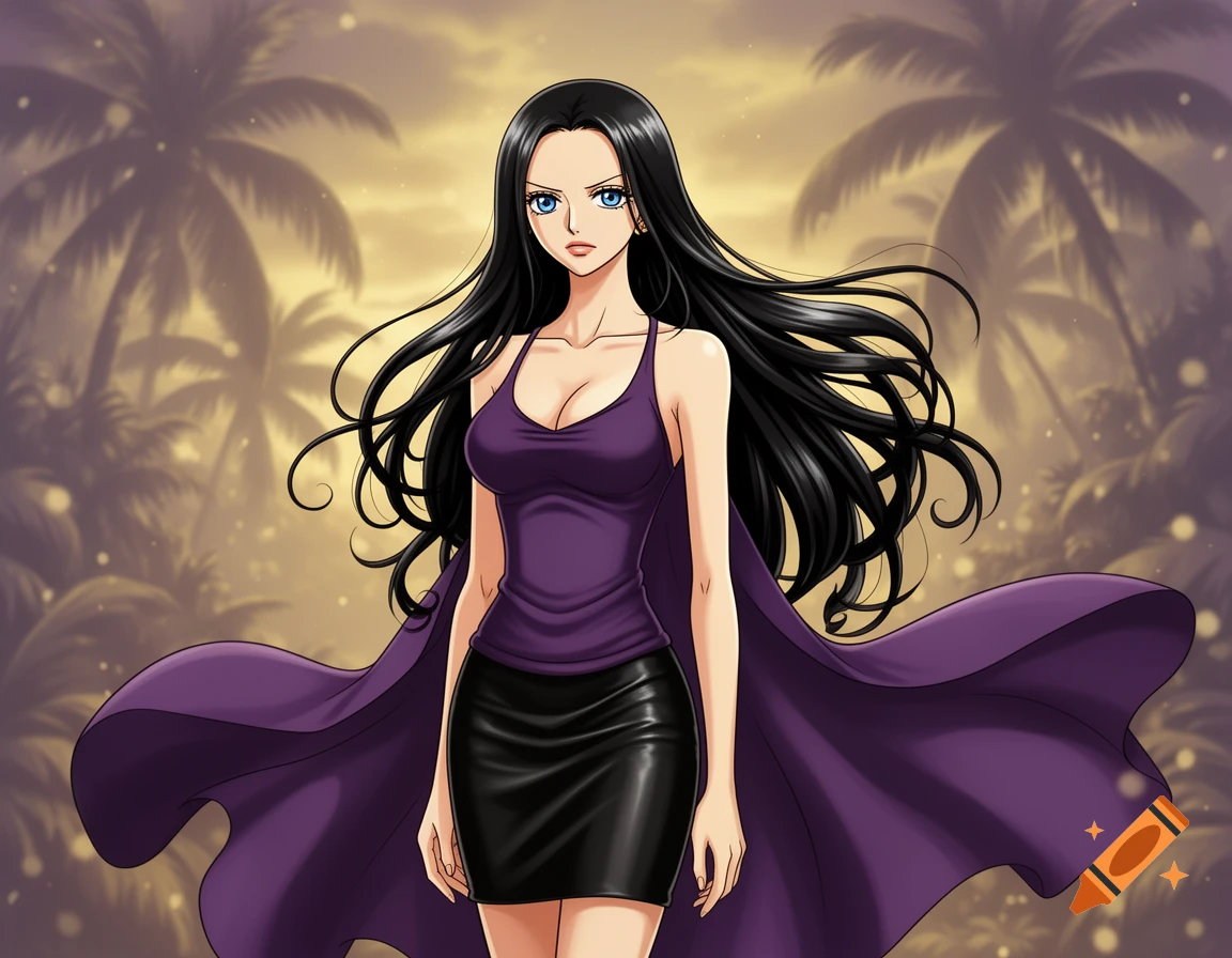 A long-haired anime woman in a purple tank top and black skirt with a flowing purple cloak stands against a palm tree sunset background.