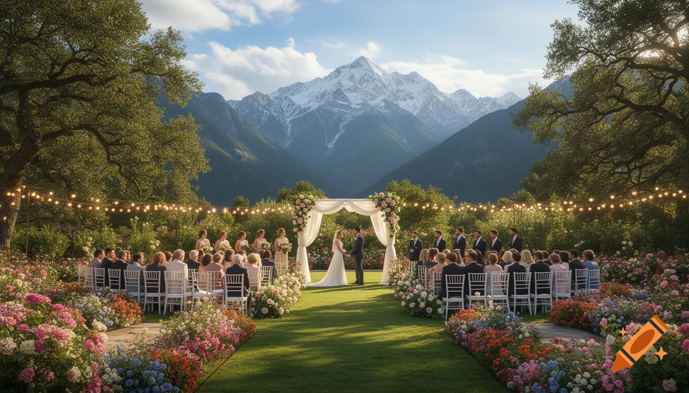 Outdoor garden wedding with a bride, groom, and guests under an arch, surrounded by flowers and string lights, mountains in background.