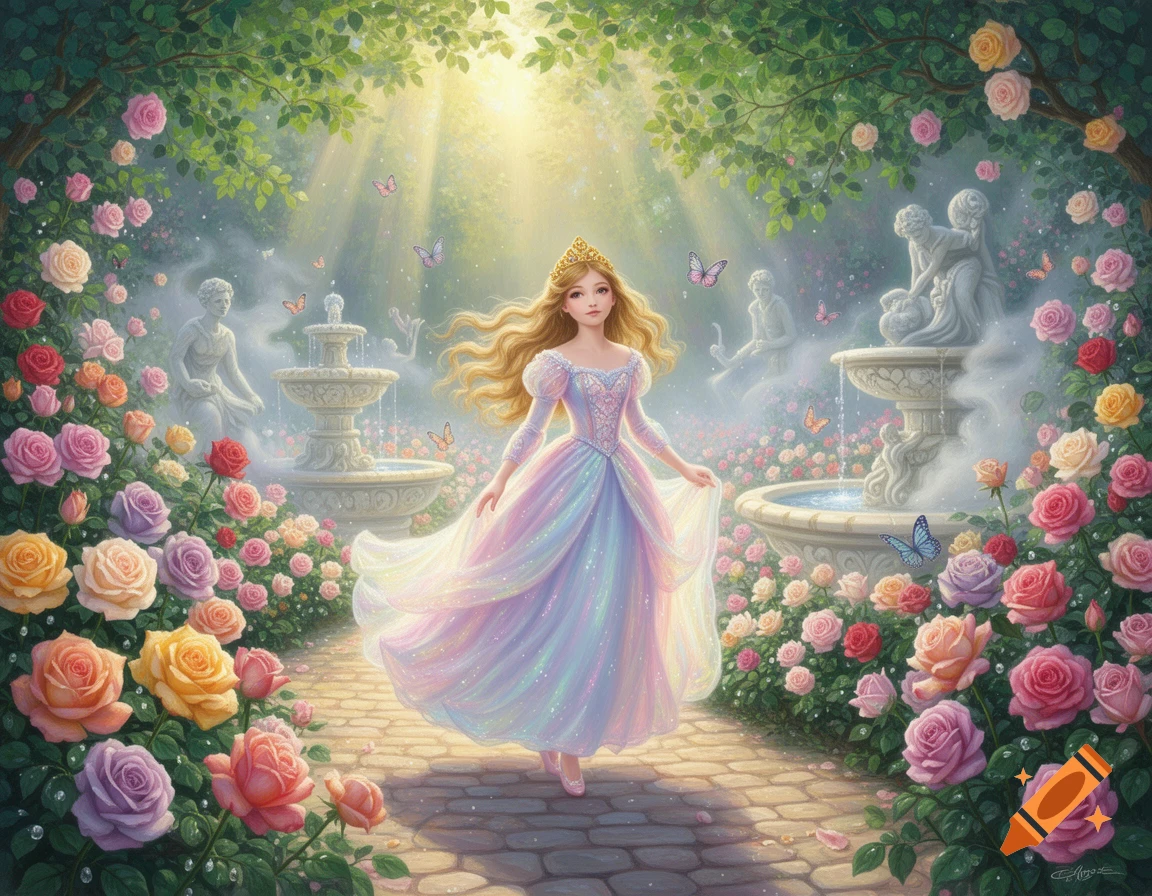 A princess with long blonde hair in a sparkling gown walks through a magical rose garden with fountains and butterflies under sunlight.