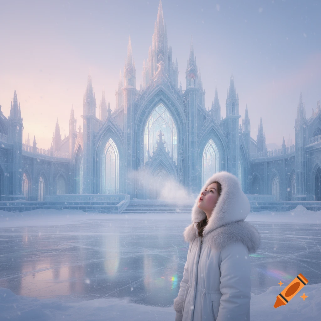A girl in a white hooded winter coat looks up, exhaling vapor, standing before a majestic, glowing ice palace in a snowy, frozen landscape.